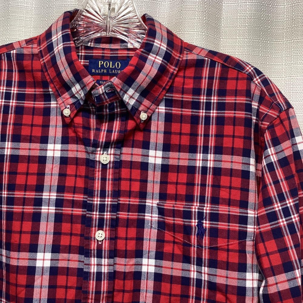 Polo Ralph Lauren Men Classic Fit Plaid Oxford Shirt Red Navy Blue Size M Preppy